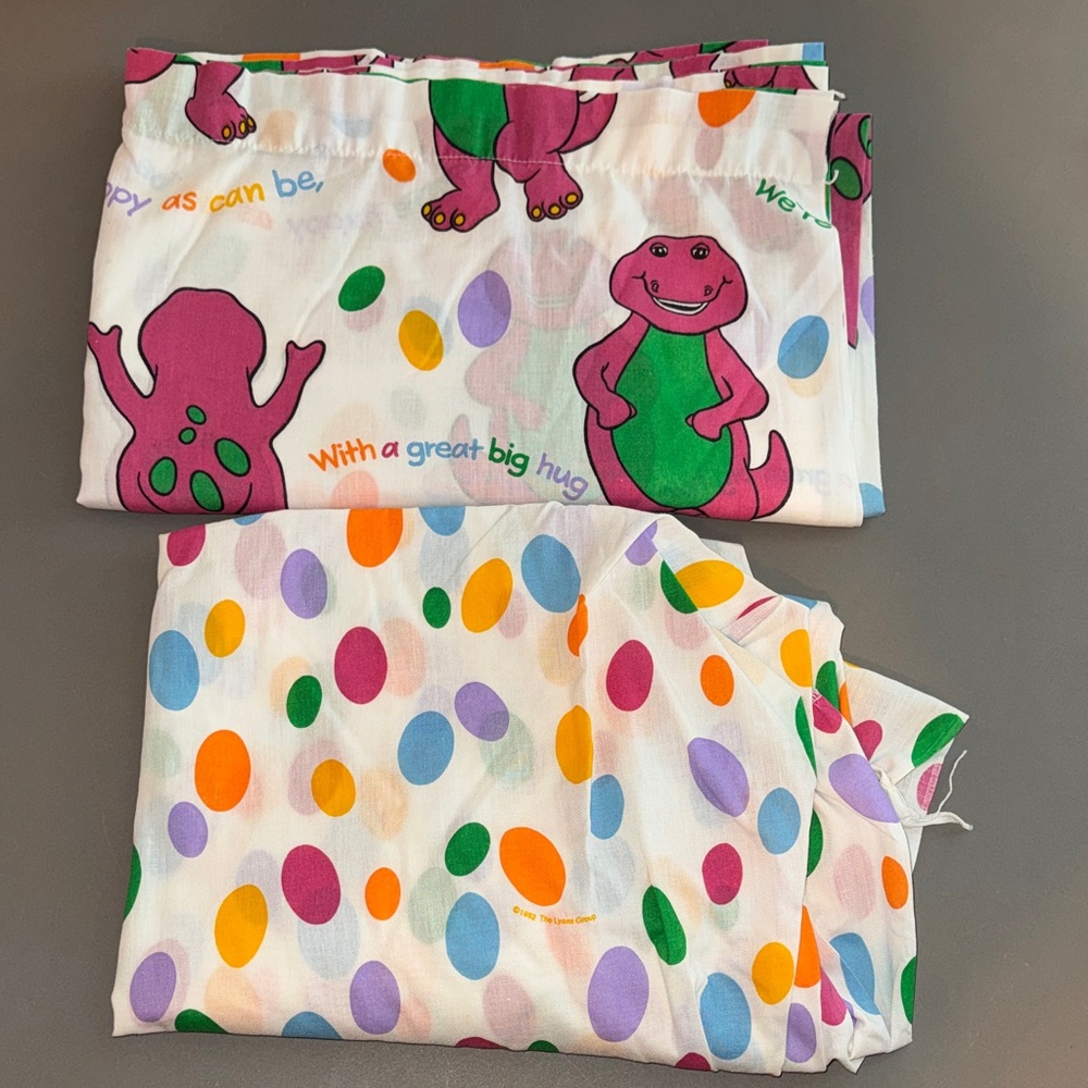 Vintage 1992 Barney The Dinosaur Twin Bed Sheets Flat & Fitted